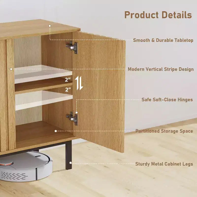 Bahut de buffet cannelé moderne avec étagère réglable, console de rangement en bois, pour salle à manger, salon, entrée, naturel