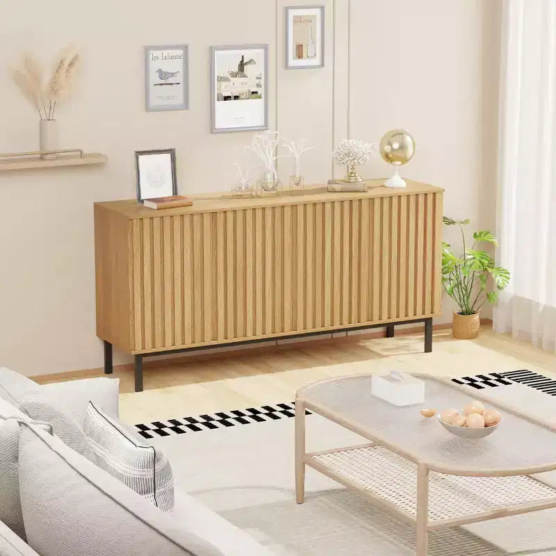 Bahut de buffet cannelé moderne avec étagère réglable, console de rangement en bois, pour salle à manger, salon, entrée, naturel