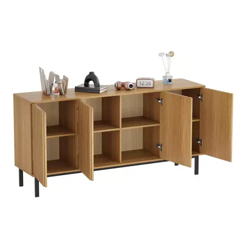 Bahut de buffet cannelé moderne avec étagère réglable, console de rangement en bois, pour salle à manger, salon, entrée, naturel