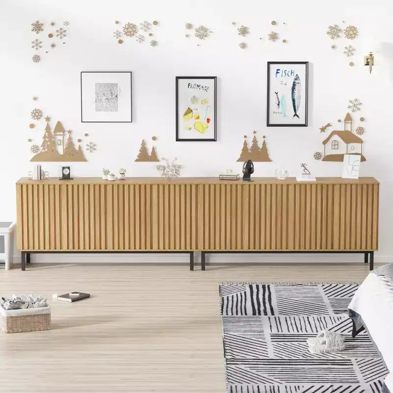 Bahut de buffet cannelé moderne avec étagère réglable, console de rangement en bois, pour salle à manger, salon, entrée, naturel