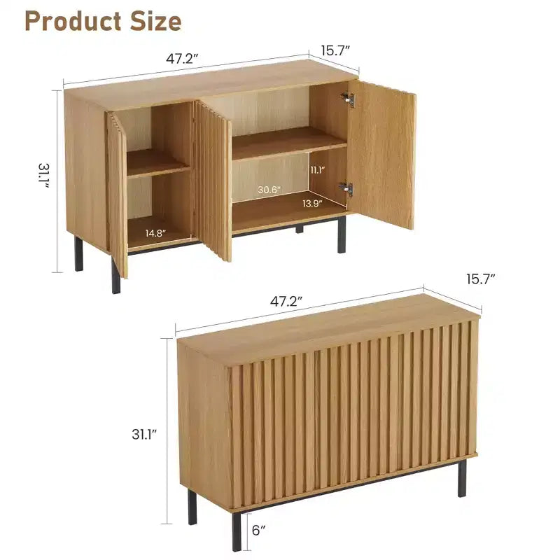 Bahut de buffet cannelé moderne avec étagère réglable, console de rangement en bois, pour salle à manger, salon, entrée, naturel