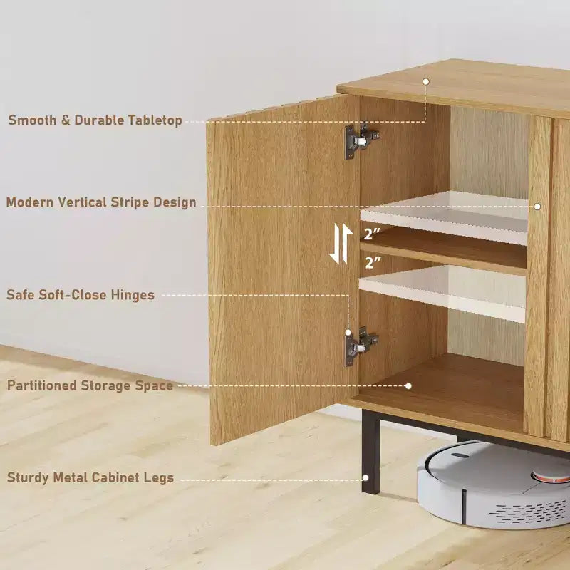 Bahut de buffet cannelé moderne avec étagère réglable, console de rangement en bois, pour salle à manger, salon, entrée, naturel