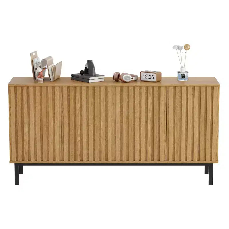 Bahut de buffet cannelé moderne avec étagère réglable, console de rangement en bois, pour salle à manger, salon, entrée, naturel