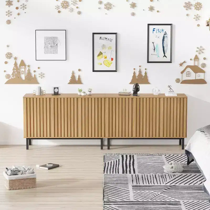 Bahut de buffet cannelé moderne avec étagère réglable, console de rangement en bois, pour salle à manger, salon, entrée, naturel