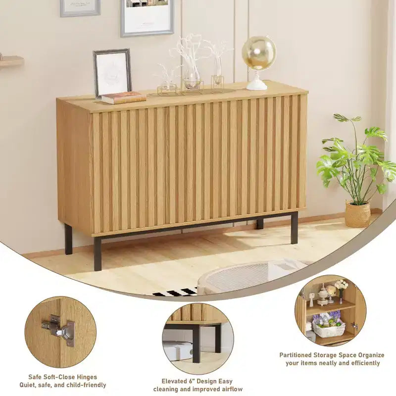 Bahut de buffet cannelé moderne avec étagère réglable, console de rangement en bois, pour salle à manger, salon, entrée, naturel