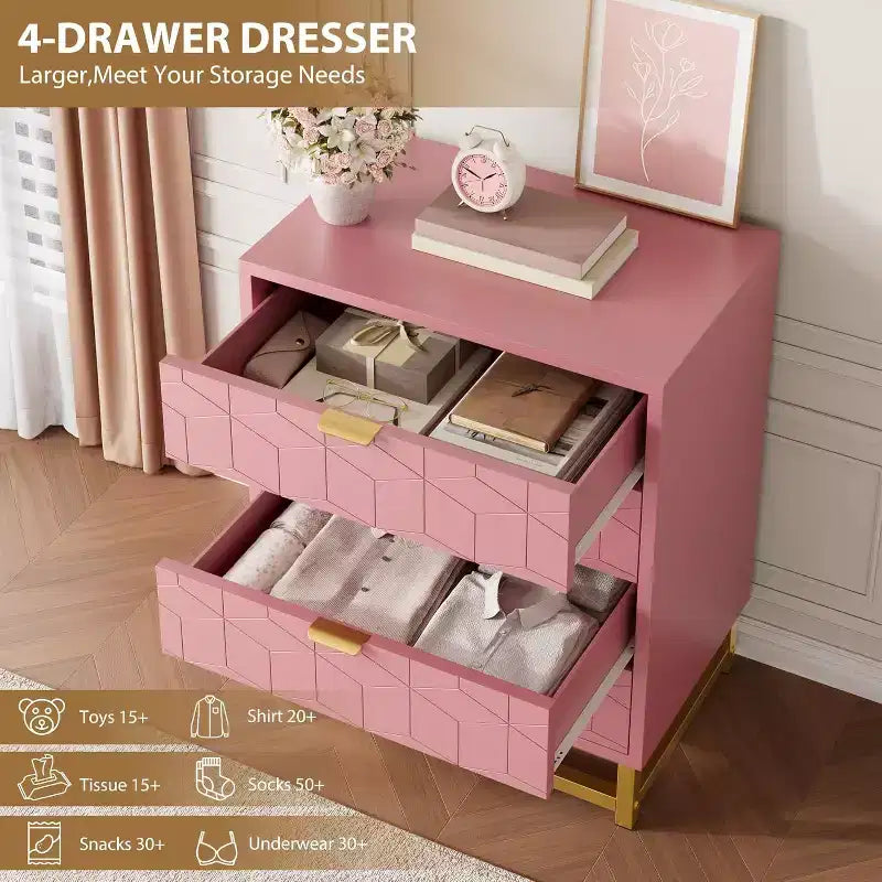 Commode moderne à 4 tiroirs avec pieds en métal, grand meuble de rangement pour chambre et salon, élégante armoire de rangement en bois pour vêtements