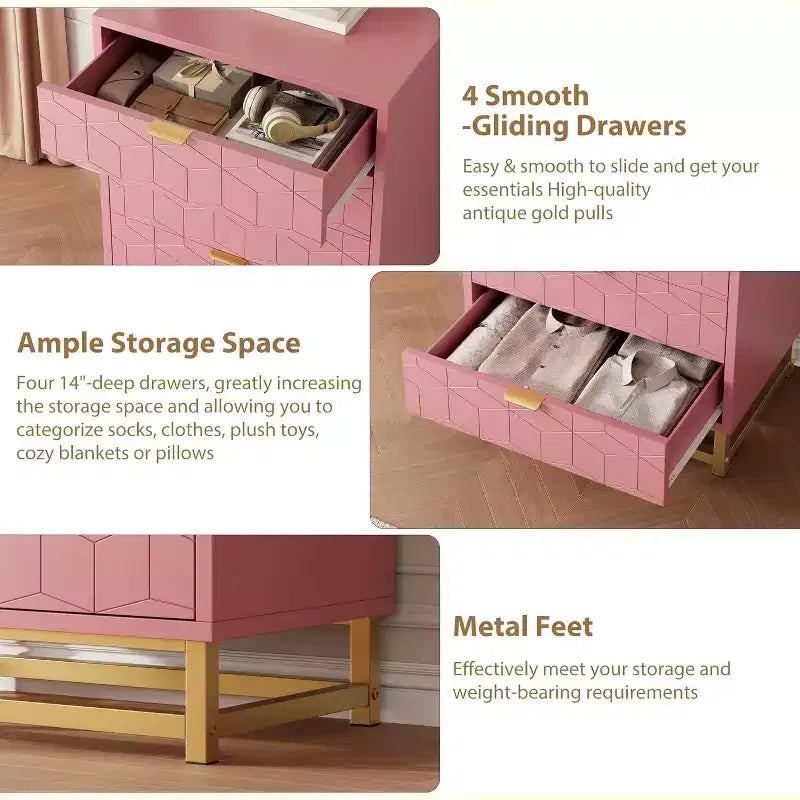 Commode moderne à 4 tiroirs avec pieds en métal, grand meuble de rangement pour chambre et salon, élégante armoire de rangement en bois pour vêtements