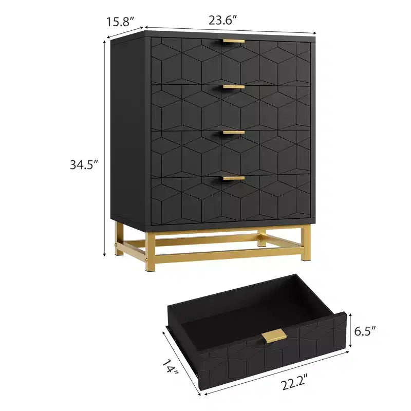 Commode moderne à 4 tiroirs avec pieds en métal, grand meuble de rangement pour chambre et salon, élégante armoire de rangement en bois pour vêtements