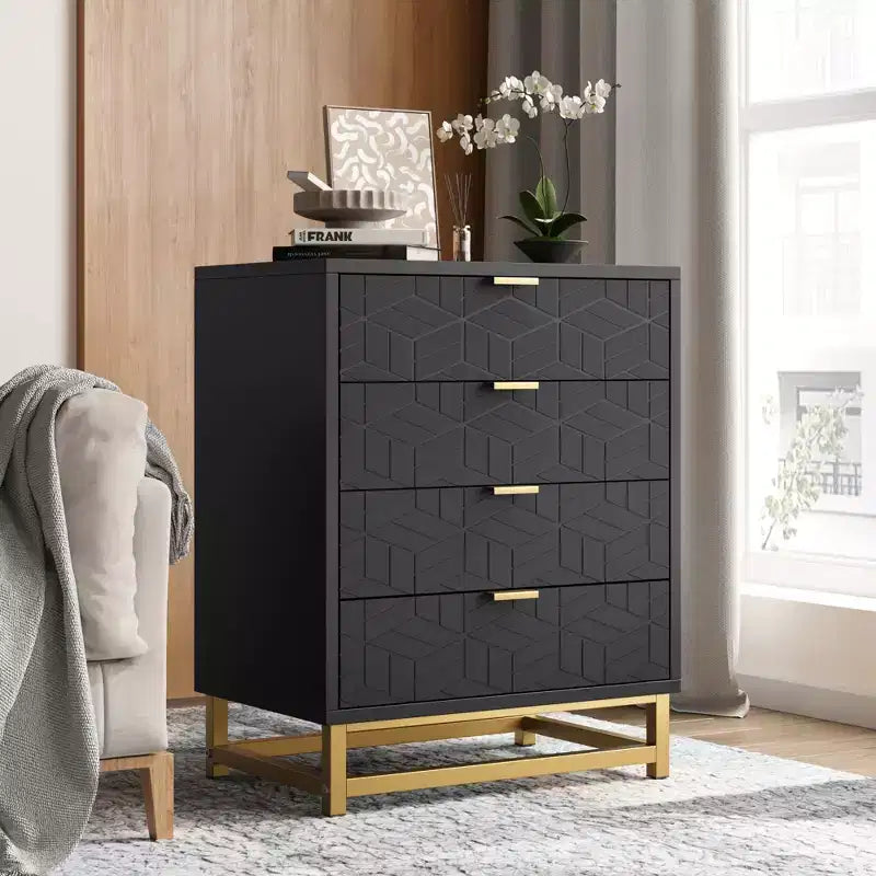 Commode moderne à 4 tiroirs avec pieds en métal, grand meuble de rangement pour chambre et salon, élégante armoire de rangement en bois pour vêtements