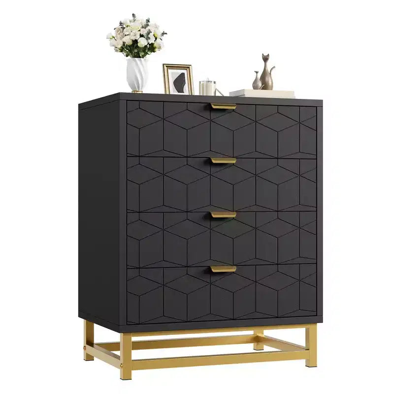 Commode moderne à 4 tiroirs avec pieds en métal, grand meuble de rangement pour chambre et salon, élégante armoire de rangement en bois pour vêtements