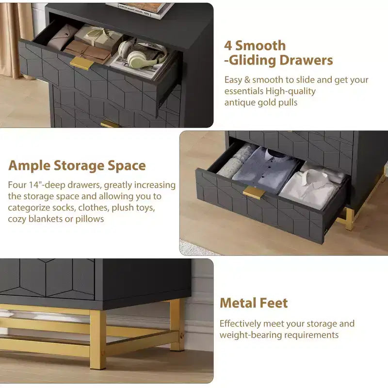Commode moderne à 4 tiroirs avec pieds en métal, grand meuble de rangement pour chambre et salon, élégante armoire de rangement en bois pour vêtements