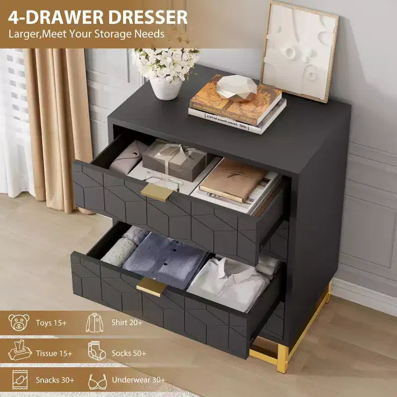 Commode moderne à 4 tiroirs avec pieds en métal, grand meuble de rangement pour chambre et salon, élégante armoire de rangement en bois pour vêtements