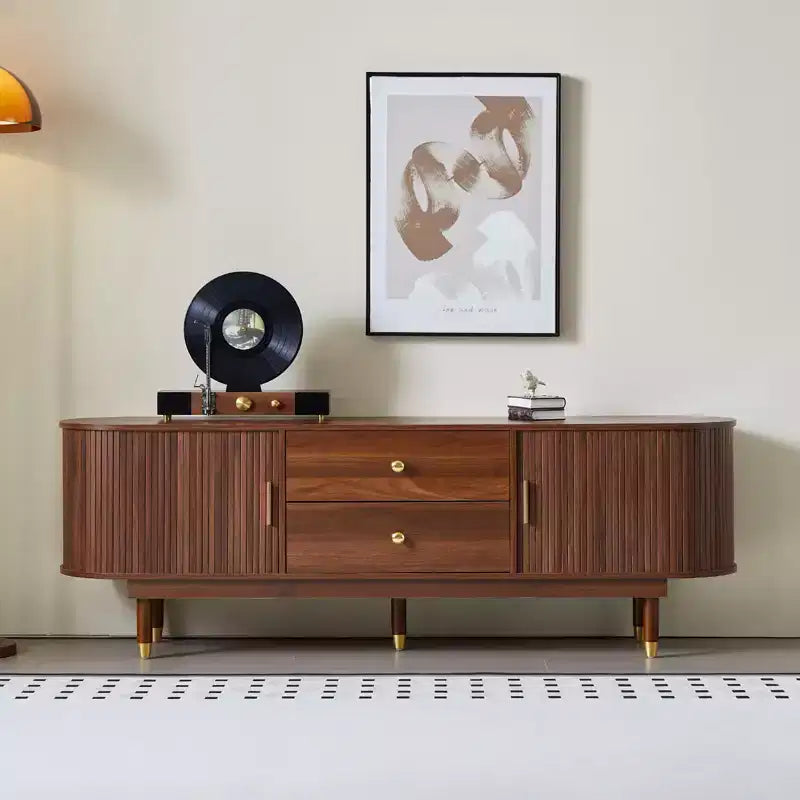 JVNOXK 66.9inchMid-Century Modern Grooved TV Console with Sliding Shutter Doors, Fits 80+ TVs, Includes Storage Cabinets Drawers, for Living Room