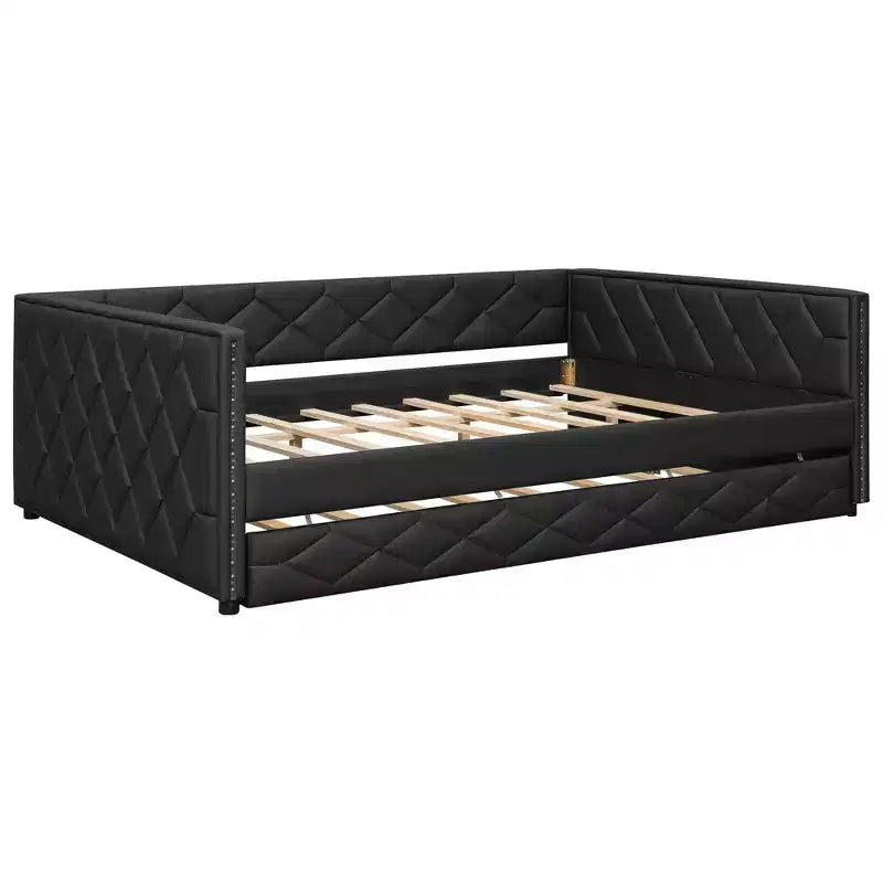 Cadre de lit de repos en similicuir taille XL avec lit gigogne, lit de repos rembourré avec accoudoirs, canapé-lit pour chambre à coucher et salon.