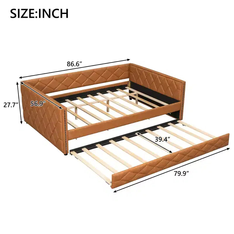 Cadre de lit de repos en similicuir taille XL avec lit gigogne, lit de repos rembourré avec accoudoirs, canapé-lit pour chambre à coucher et salon.