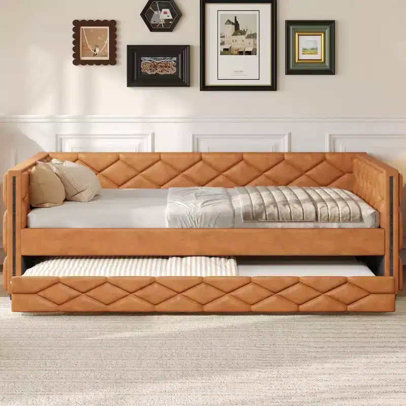 Cadre de lit de repos en similicuir taille XL avec lit gigogne, lit de repos rembourré avec accoudoirs, canapé-lit pour chambre à coucher et salon.
