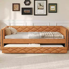 Cadre de lit de repos en similicuir taille XL avec lit gigogne, lit de repos rembourré avec accoudoirs, canapé-lit pour chambre à coucher et salon.