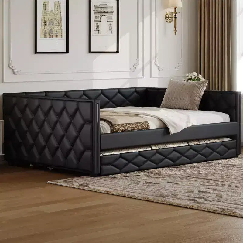 Cadre de lit de repos en similicuir taille XL avec lit gigogne, lit de repos rembourré avec accoudoirs, canapé-lit pour chambre à coucher et salon.
