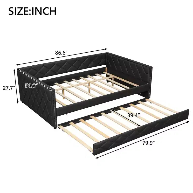 Cadre de lit de repos en similicuir taille XL avec lit gigogne, lit de repos rembourré avec accoudoirs, canapé-lit pour chambre à coucher et salon.