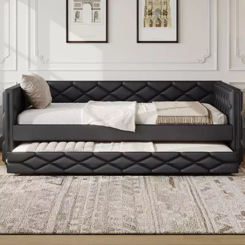 Cadre de lit de repos en similicuir taille XL avec lit gigogne, lit de repos rembourré avec accoudoirs, canapé-lit pour chambre à coucher et salon.