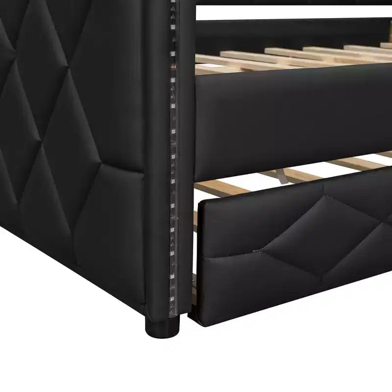 Cadre de lit de repos en similicuir taille XL avec lit gigogne, lit de repos rembourré avec accoudoirs, canapé-lit pour chambre à coucher et salon.