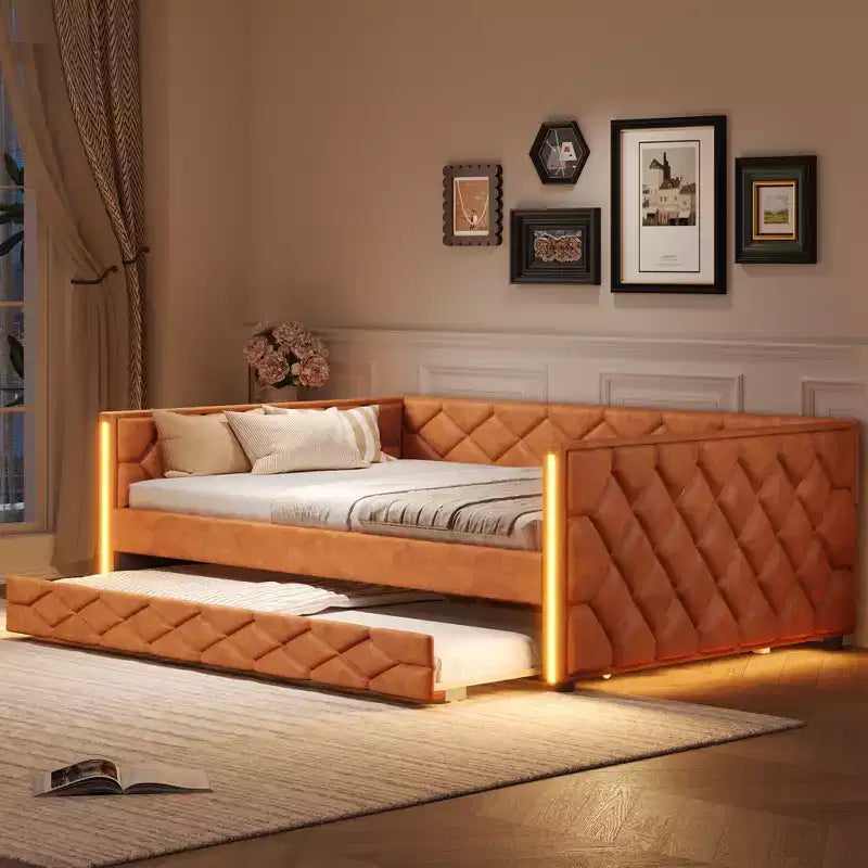 Cadre de lit de repos en similicuir taille XL avec lit gigogne, lit de repos rembourré avec accoudoirs, canapé-lit pour chambre à coucher et salon.