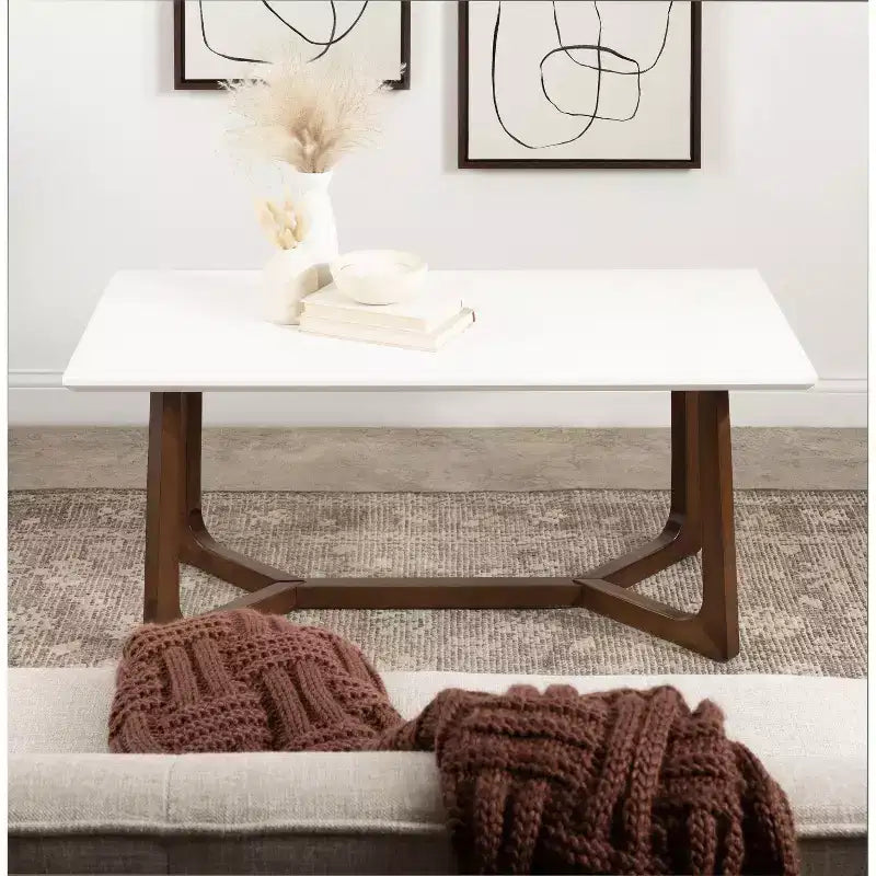 Table basse en bois Olivant, 44x22x20, Blanc et Noyer