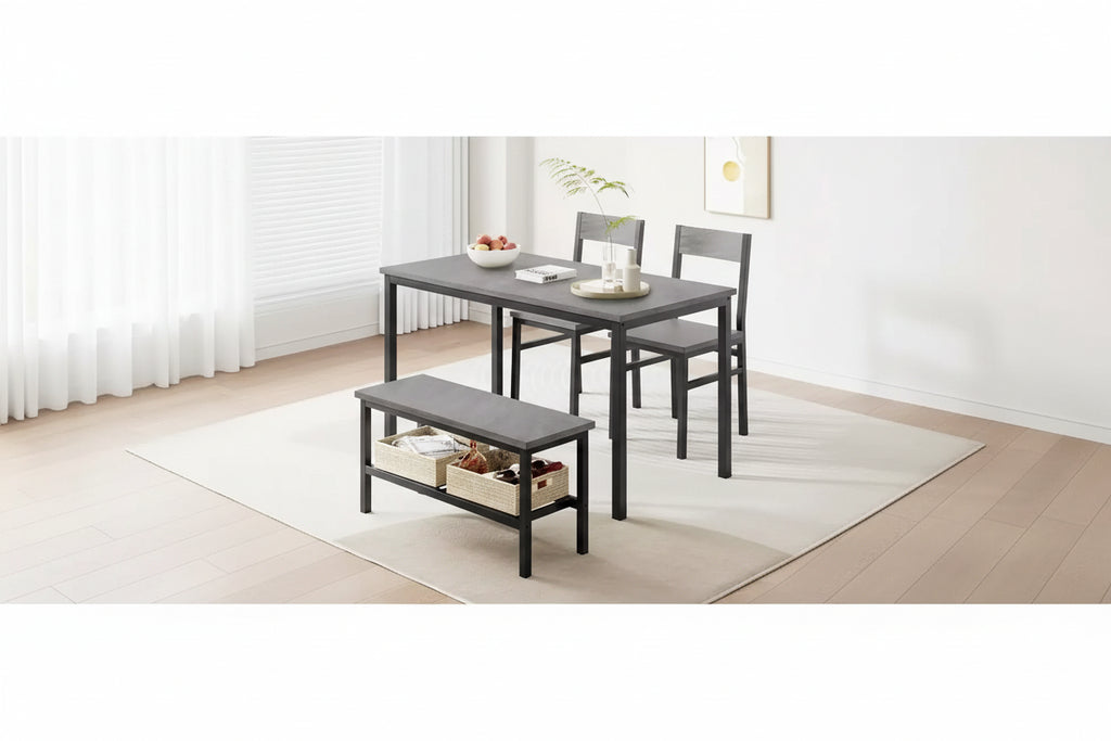 Garvee Table Set for 4, Kitchen Table with 2 Chairs and a Bench, 4-Person Dining Room Table Set for Apartment, Kitchen, Small Space, Gray