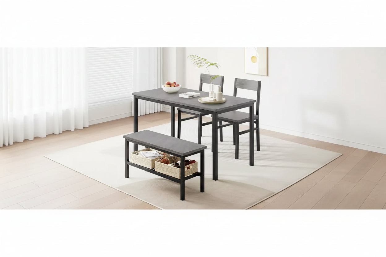 Garvee Table Set for 4, Kitchen Table with 2 Chairs and a Bench, 4-Person Dining Room Table Set for Apartment, Kitchen, Small Space, Gray