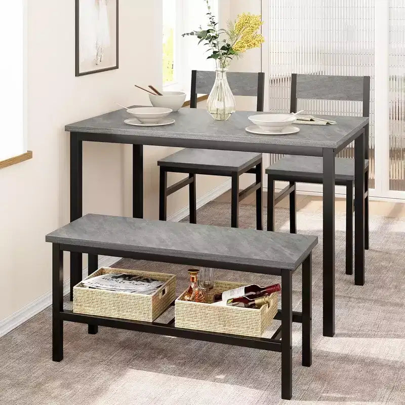 Ensemble table à manger pour 4, table de cuisine avec 2 chaises et un banc, ensemble de salle à manger 4 personnes pour appartement, cuisine, petit espace, gris