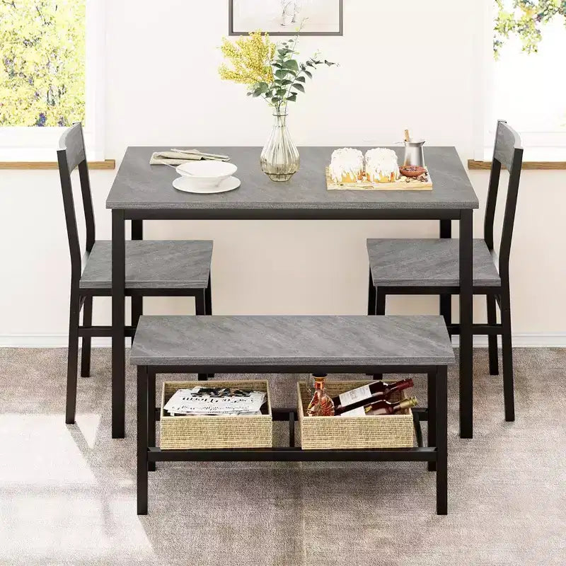 Ensemble table à manger pour 4, table de cuisine avec 2 chaises et un banc, ensemble de salle à manger 4 personnes pour appartement, cuisine, petit espace, gris