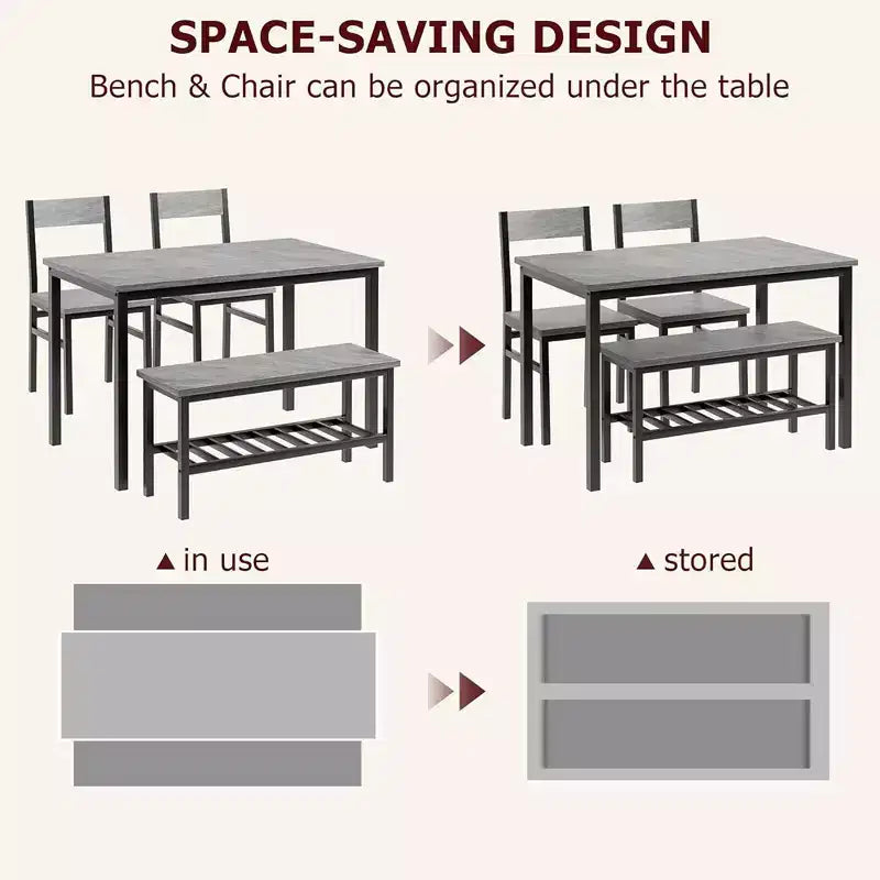 Ensemble table à manger pour 4, table de cuisine avec 2 chaises et un banc, ensemble de salle à manger 4 personnes pour appartement, cuisine, petit espace, gris