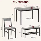 Ensemble table à manger pour 4, table de cuisine avec 2 chaises et un banc, ensemble de salle à manger 4 personnes pour appartement, cuisine, petit espace, gris